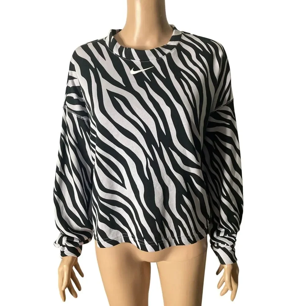 Nike Zebra Print Sweatshirt Womens Small Center Swoosh Black White Oversized